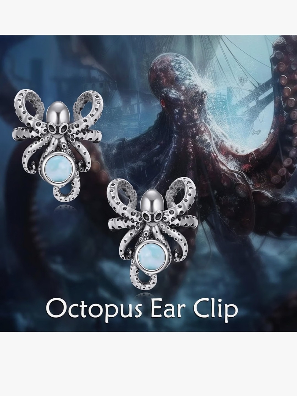 Octopus Ear Cuffs In Sterling Silver with Larimar